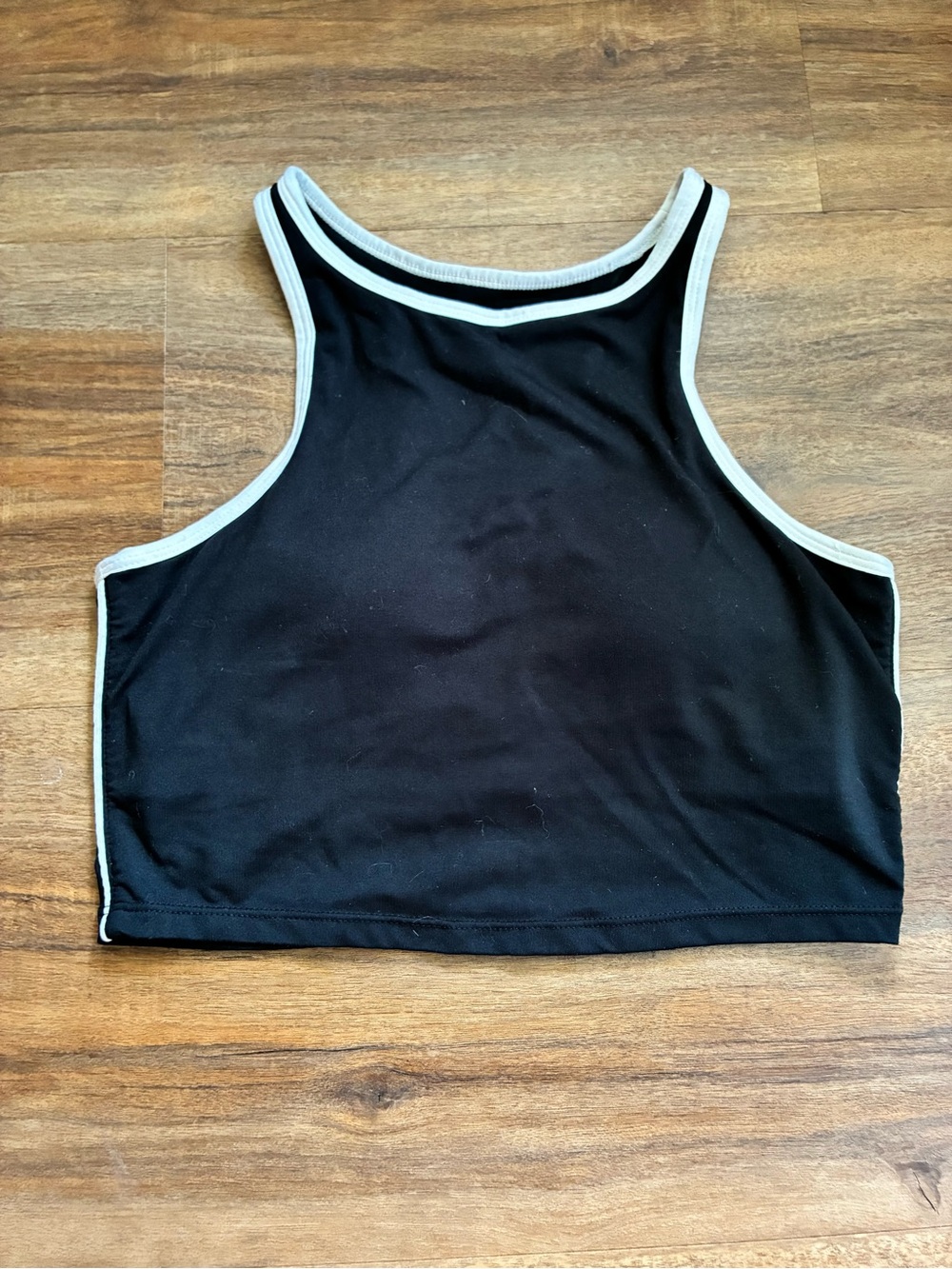 Fabletics Black Racerback Long Line Sports Bra/Crop Tank with White Trim